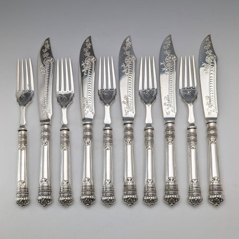 1885 年英國古董鍍銀 5 雙魚餐具 Allen 和 Darwin